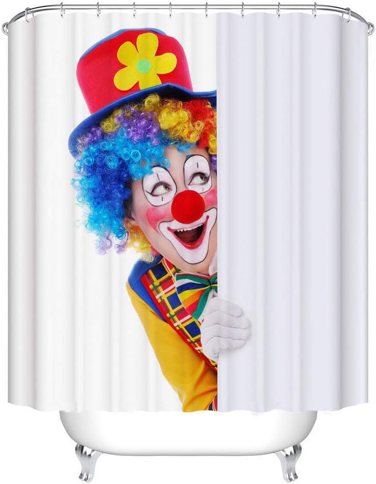 Fangkun Bathroom Shower Curtain Funny Clown Hiding Printed Design - Polyester Fabric Waterproof Bath Curtains Decor Set -12pcs Hooks - 72 x 72 inches