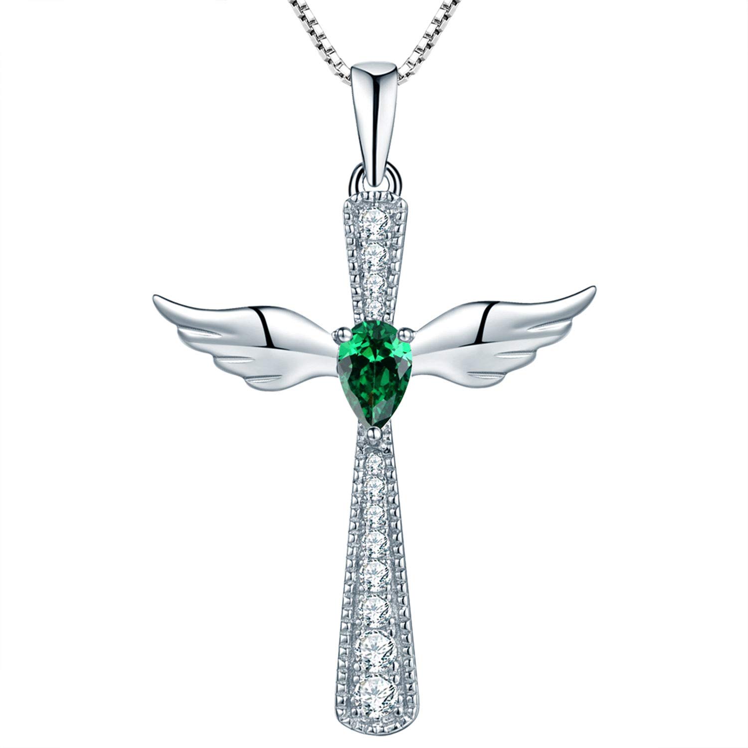 YL Cross Angel Wing Necklace 925 Sterling Silver May Birthstone Green Cubic Zirconia Guardian Angel Pendant Necklace for Women