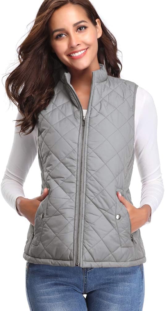 fuinloth Women's Padded Vest, Stand Collar Lightweight Zip Quilted Gilet: Clothing