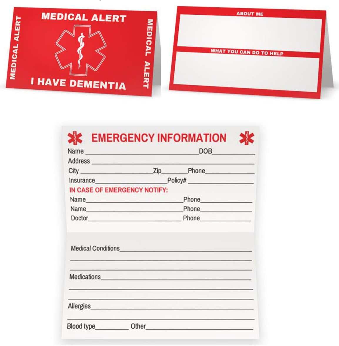 Dementia Medical Alert Contact Wallet Card (5 Cards red