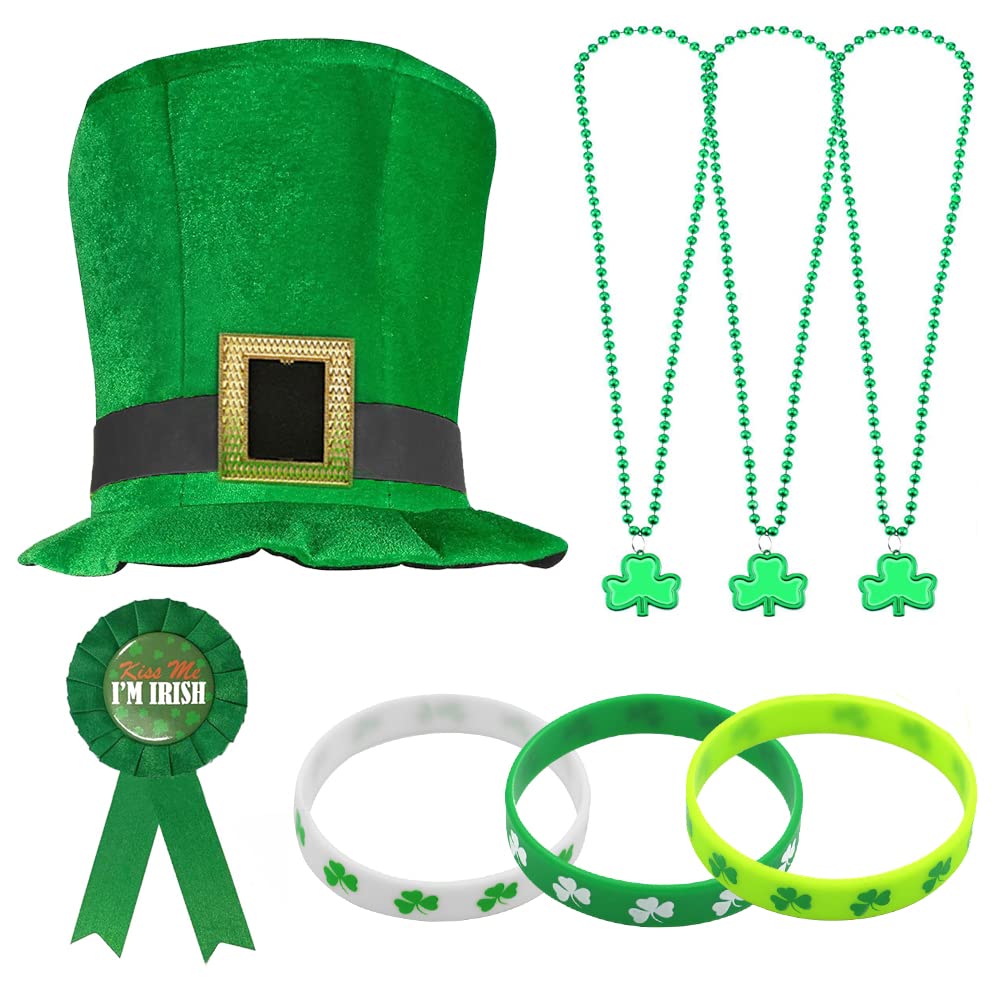St. Patrick's Day Accessories Decoration,Green Leprechaun Top Hat with Clover Long Necklace Irish Badge Pin and 3 Clover Bracelet for St.Patrick's Day Parade and Celebration Woman Man Party Favors