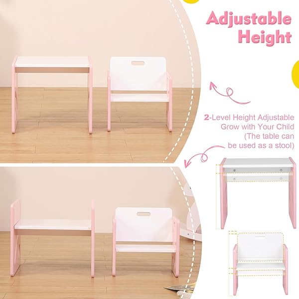 FUNLIO HEIGHT ADJUSTABLE TODDLER TABLE AND CHAIR SET FOR AGE 1-3, QUALITY SOLID WOOD MONTESSORI TABLE AND CHAIRS, WEANING BABY TABLE CHAIR SET, EASY TO ASSEMBLE, CPC CERTIFIED – PINK