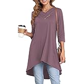 Naggoo Womens Long Shirts for Leggings 3/4 Sleeve Tunic Tops Loose Fit Dressy Casual V Neck High Low Tops Button Decor