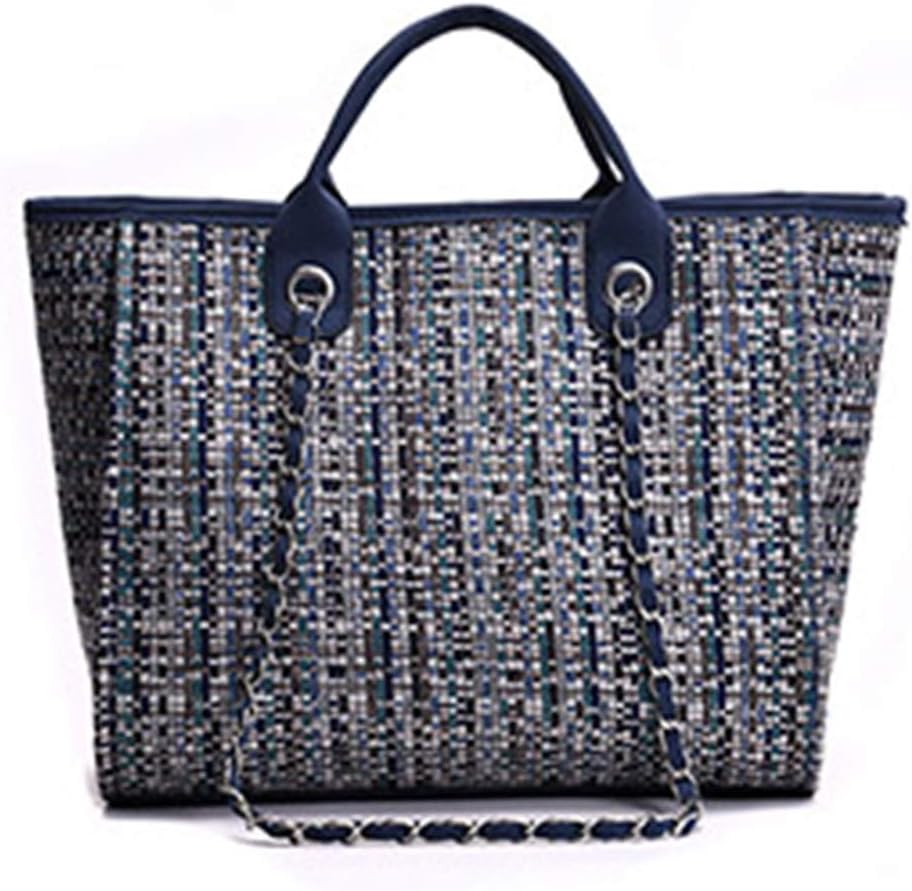 Big Tote Bags Contrast PU Leather Handbags Women's Handbag Large Tweed Chains Shoulder Bucket Bag Blue