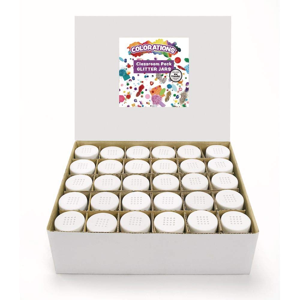 Colorations® Glitter Jars Classroom Pack, Easy Dispensing Shaker Jars, 10 Colors, 3 of each color, Great for Arts & Crafts, Scrapbooking, Slime, Holiday Parties, Weddings,Non Toxic Glitter,3/4 oz jars