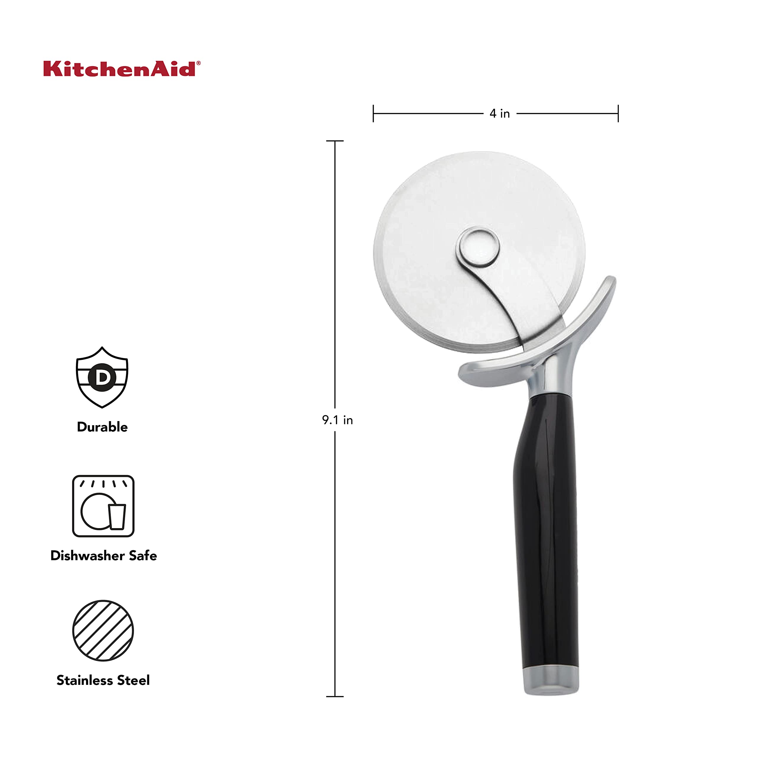 KitchenAid Classic Pizza Wheel with Sharp Blade For Cutting Through Crusts, Pies and More, Built In Finger Guard for Safety and Comfort Grip to Protect Fingers, Dishwasher Safe, 9-Inch, Black