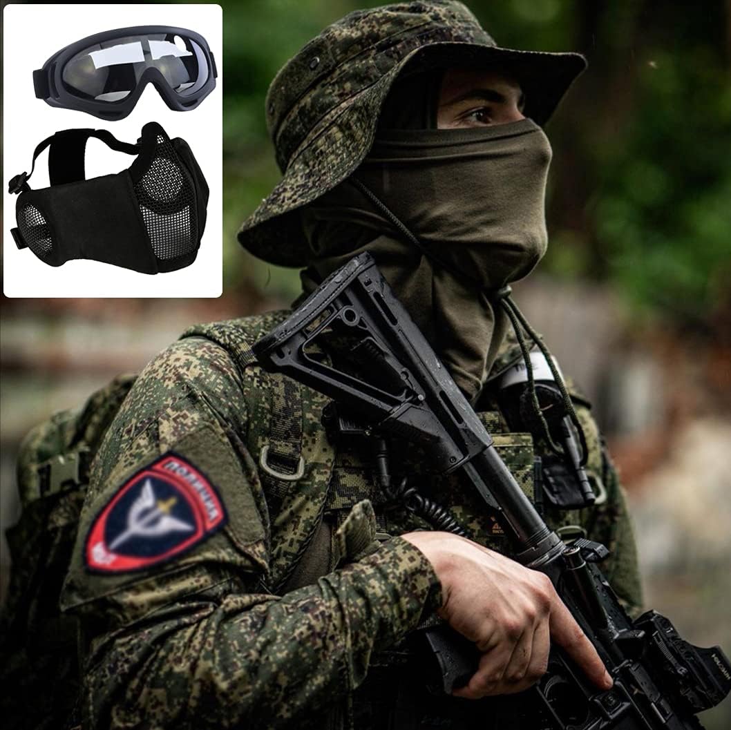 Aoutacc Airsoft Mask Tactical Goggles Set, Lower Steel Mesh Mask Protective Half Face Mask with Ear Protection UV Protection Glasses Comfortable for Adult Men Women CS Hunting Paintball Shooting : Sports & Outdoors