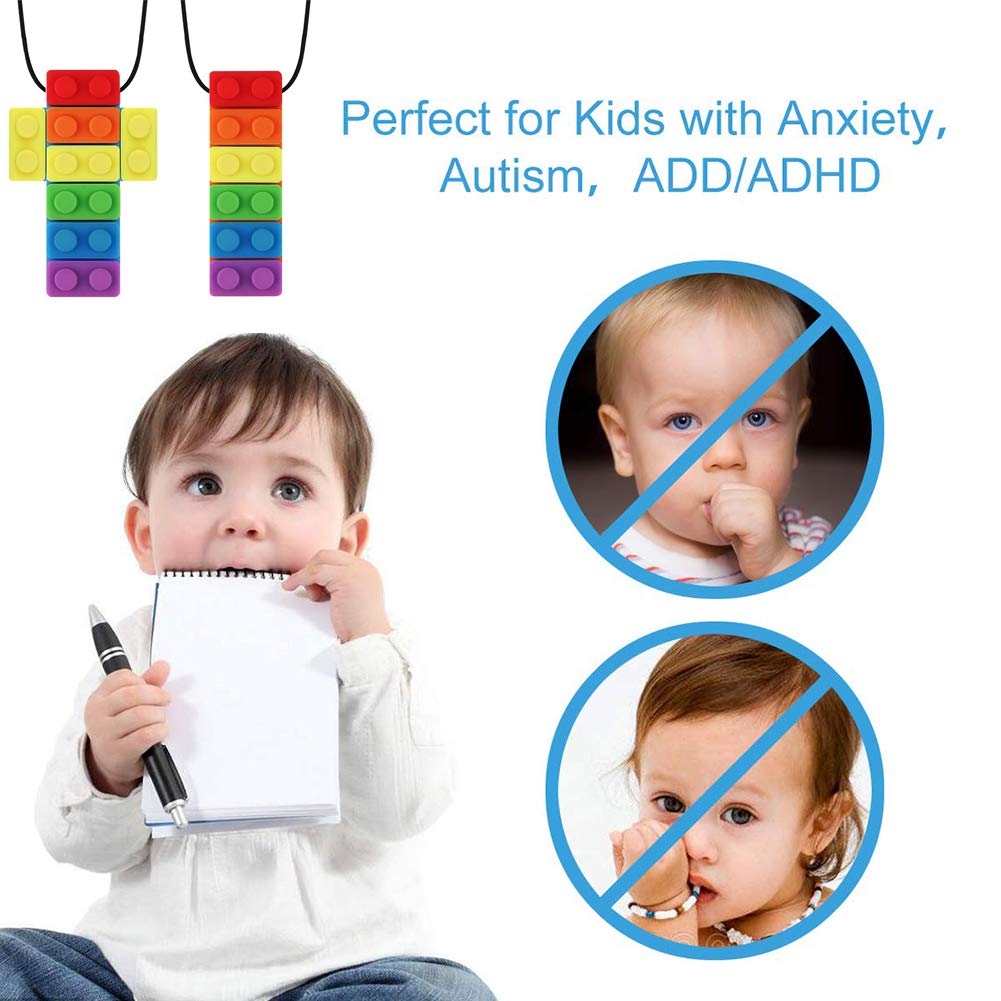 Sensory Chew Necklace Pendant Chewlery Set for Boys and Girls, Silicone Chewy Brick for Kids with ADHD, Teething, Autism, Biting Needs (Multi-Colored, 2Pack)