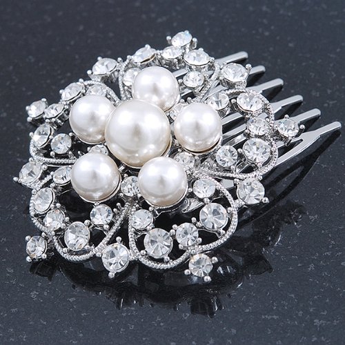 Bridal/ Wedding/ Prom/ Party Rhodium Plated Austrian Clear Crystal, Synthetic Pearl 'Open Flower' Hair Comb - 55mm