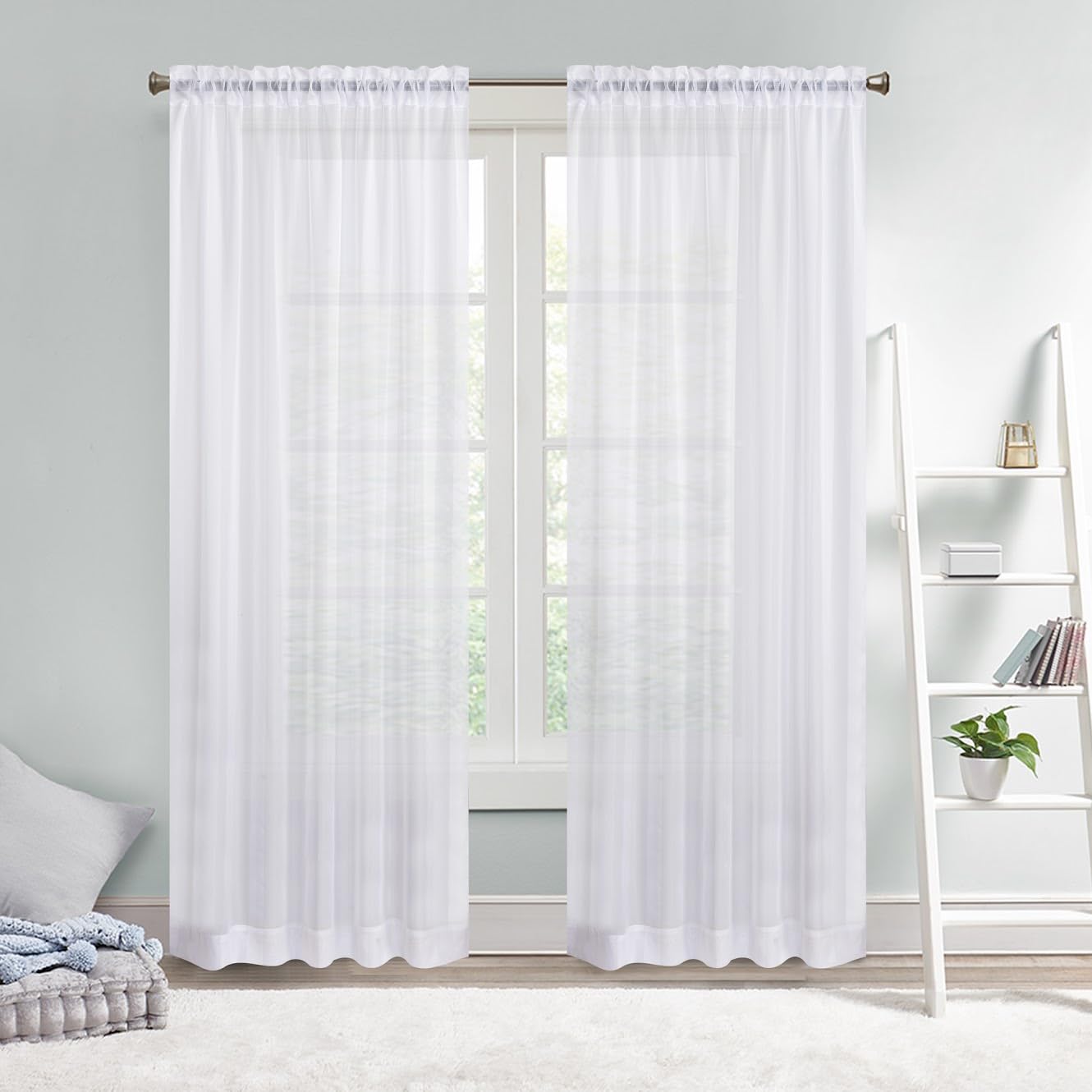 Megachest a pair of sheer Iris stripe pattern voile curtain with tie backs (White,W 56" x L 81" (2 Panels))