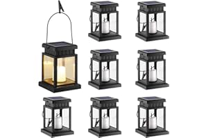 GIGALUMI 8 Pack Solar Hanging Lantern Outdoor, Candle Effect Light with Stakes for Garden, Patio, Lawn, Deck, Umbrella, Tent, Tree, Yard, Driveway-Warm White