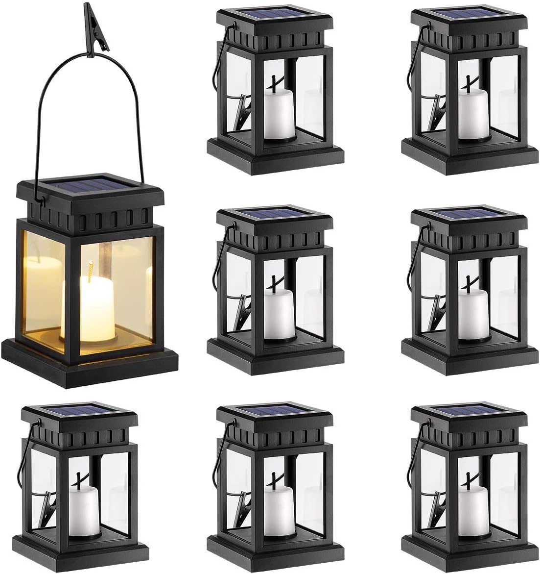 GIGALUMI Solar Hanging Lantern Outdoor, 8 Pack Solar Candle Lights with Stake for Garden,Patio , Lawn, Deck , Umbrella, Tent, Tree,Yard,Driveway(Warm White).