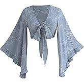 BEAUDRM Women's Boho Tops Wrap Western Country Concert Outfits Tie Front Long Bell Sleeve Tops 70s Hippie Disco Clothes