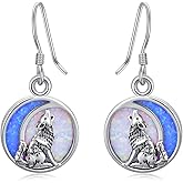 Wolf Earrings for Women Opal Moon S925 Sterling Silver Dangle Drop Hook Earrings