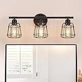 Mikniri 3-Light Bathroom Light Fixtures Over Mirror, Matte Black Bathroom Vanity Light with Cage, E26 Base Farmhouse Wall Sco