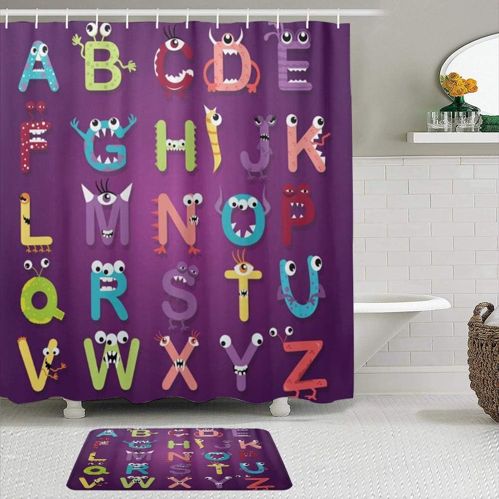 Amazon Com Joseni 2 Piece Shower Curtain Set With Non Slip Bath Mat Kids Educational Alphabet Letters Colored Monster Abc Decor 12 Hooks Personalized Bathroom Decor Home Kitchen