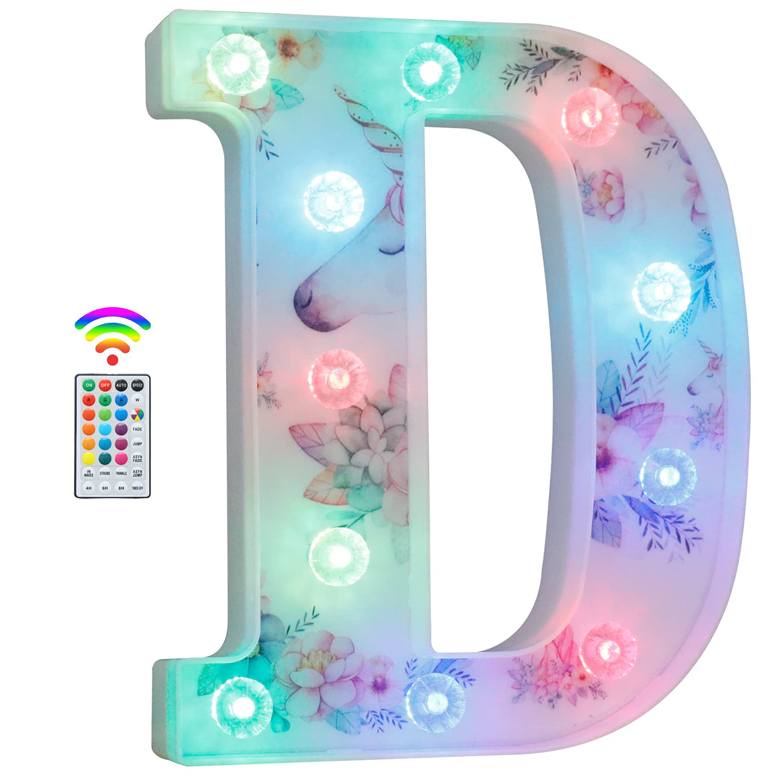 Unicorn Light Up Letters, LED Letter Lights 18 Color Changing Diamond Alphabet Sign Unicorn Gifts for Girls Women Party Birthday Decorations Remote Night Light Christmas Valentine Wall Table Decor - D
