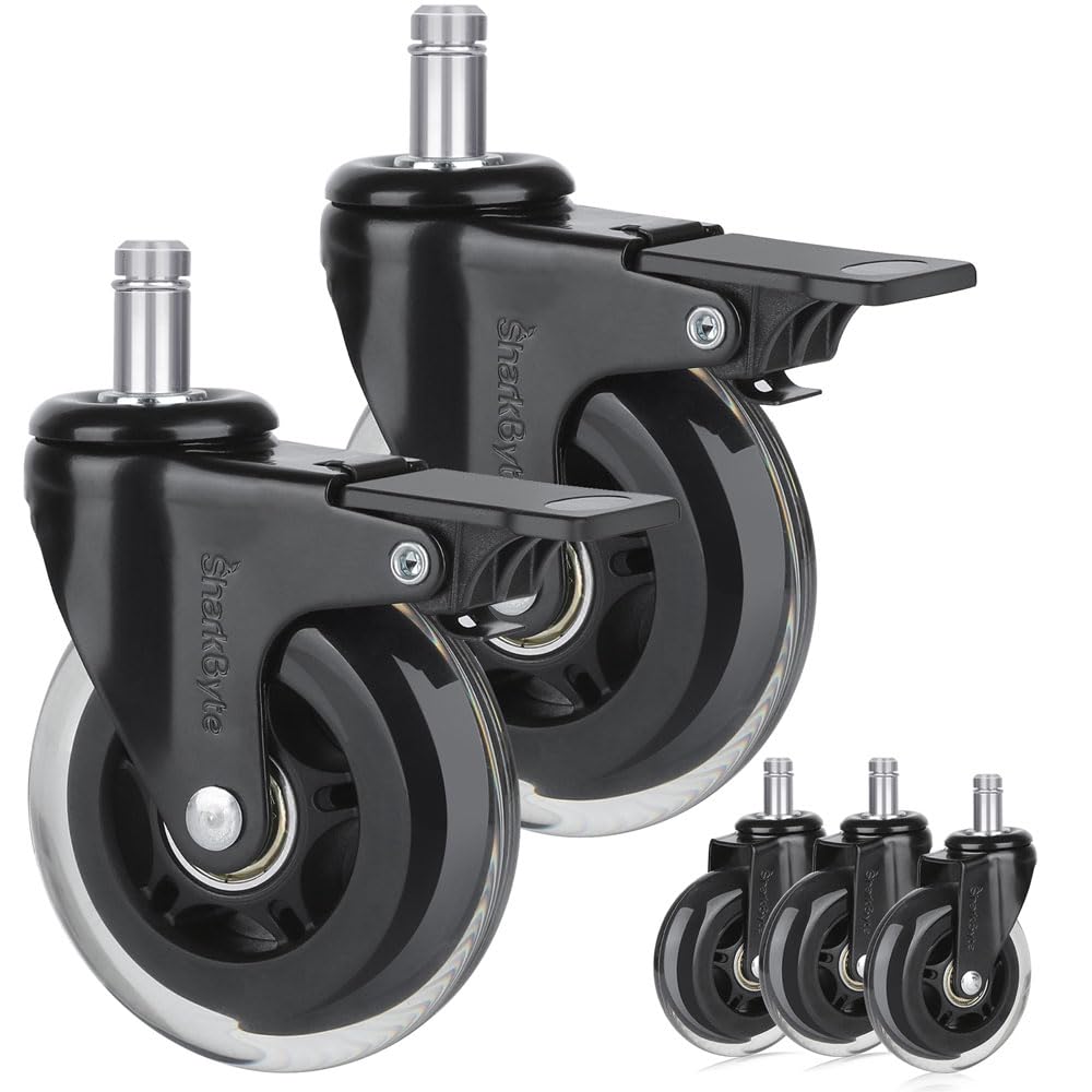 SharkByte 11mm Office Chair Wheels Replacement Rubber Chair casters for ALL Floors Inc Hardwood Floor, Heavy Duty Swivel Office Chair Castor set with 2 BRAKE LOCK Castors Universal fit (NOT IKEA)