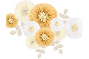 Fonder Mols Tissue Paper Chrysanth Flowers Paper Leaves DIY Crafting for Rustic Wedding Backdrop Baby Shower Nursery Decorations (Set of 15, Khaki Ivory White)