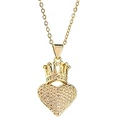 14K Yellow Gold Heart Crown Necklace - 14K Yellow Gold Royal Charm Crown Necklace with Chain for Women