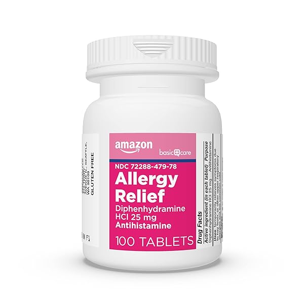 AMAZON BASIC CARE ALLERGY RELIEF DIPHENHYDRAMINE HCL 25 MG, ANTIHISTAMINE TABLETS FOR SYMPTOMS DUE TO HAY FEVER AND UPPER RESPIRATORY ALLERGIES, MINI-TABS, 100 COUNT