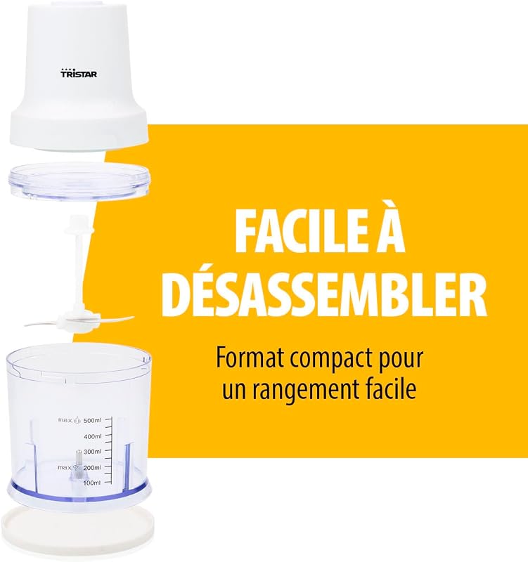 Hachoir Inox, Moteur 400W, 2 Vitesses avec Turbo, 2 Lames Inox, Bol 0.5L, Design Compact, Pièces Amovibles Lavables au Lave-Vaisselle, BL-4023