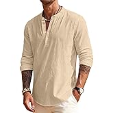 QOSOQ Men's Linen Shirts Henley T-Shirts Long Sleeve Casual Beach T-Shirts Solid Tops Shirts for Men