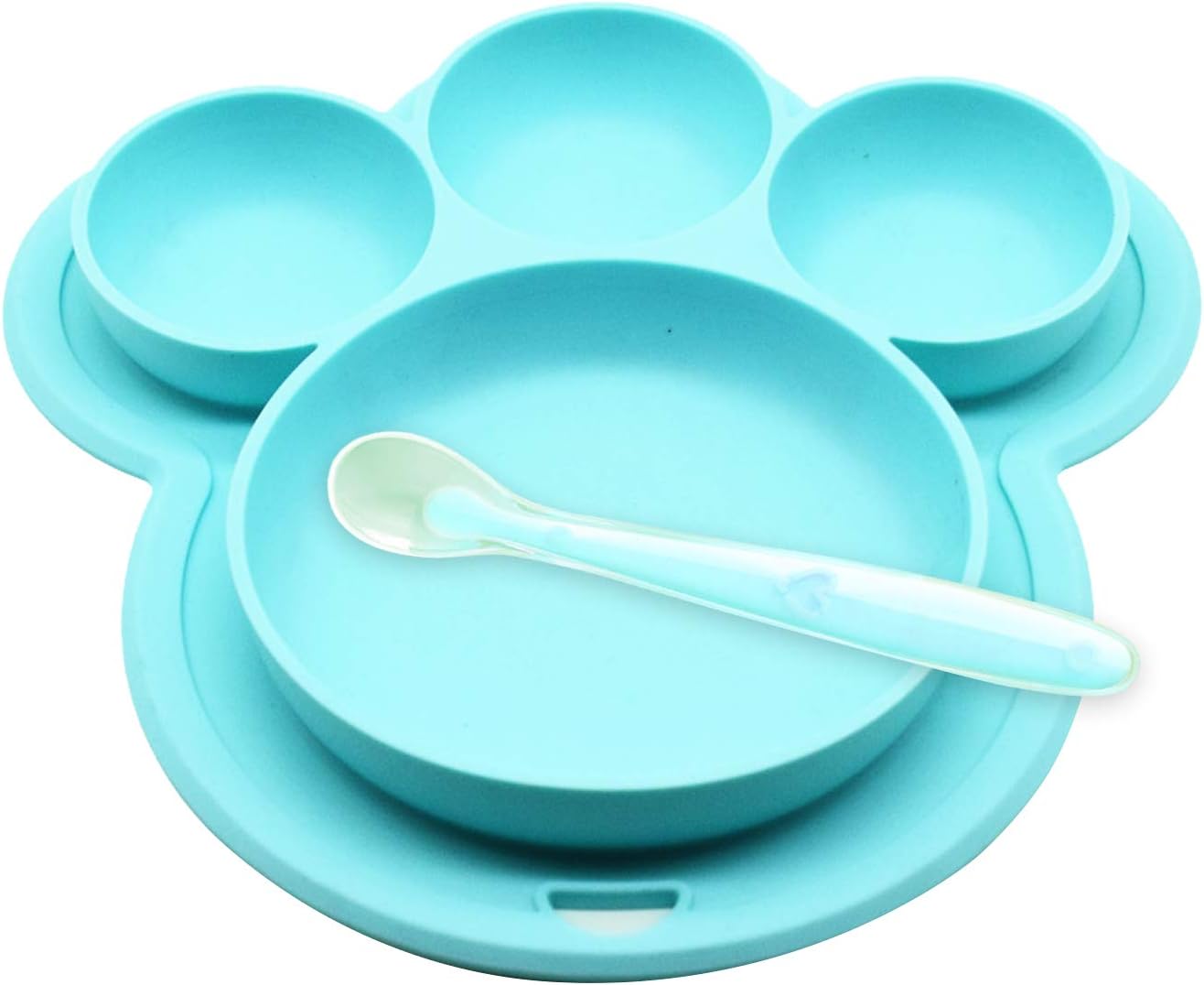 Yuccer Toddler Plates Divided Baby Silicone Plate Spoons Portable BPA-Free Kids Feeding Plates Dishwasher Microwave Safe (Blue)