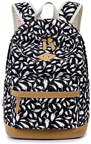 Nawoshow New Style Printing Canvas Backpack Feather Pattern Laptop Bag Travel Backpack (Black)