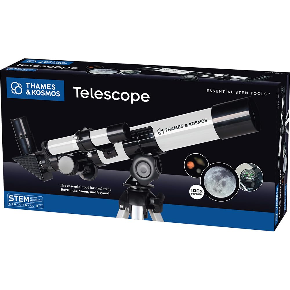 Thames & Kosmos Telescope STEM Kit | 100x Magnification & Built-In Compass | Ages 8+ | Entry-Level Astronomy for Kids | Explore Moon, Planets & Terrestrial Views with Tripod & Finderscope