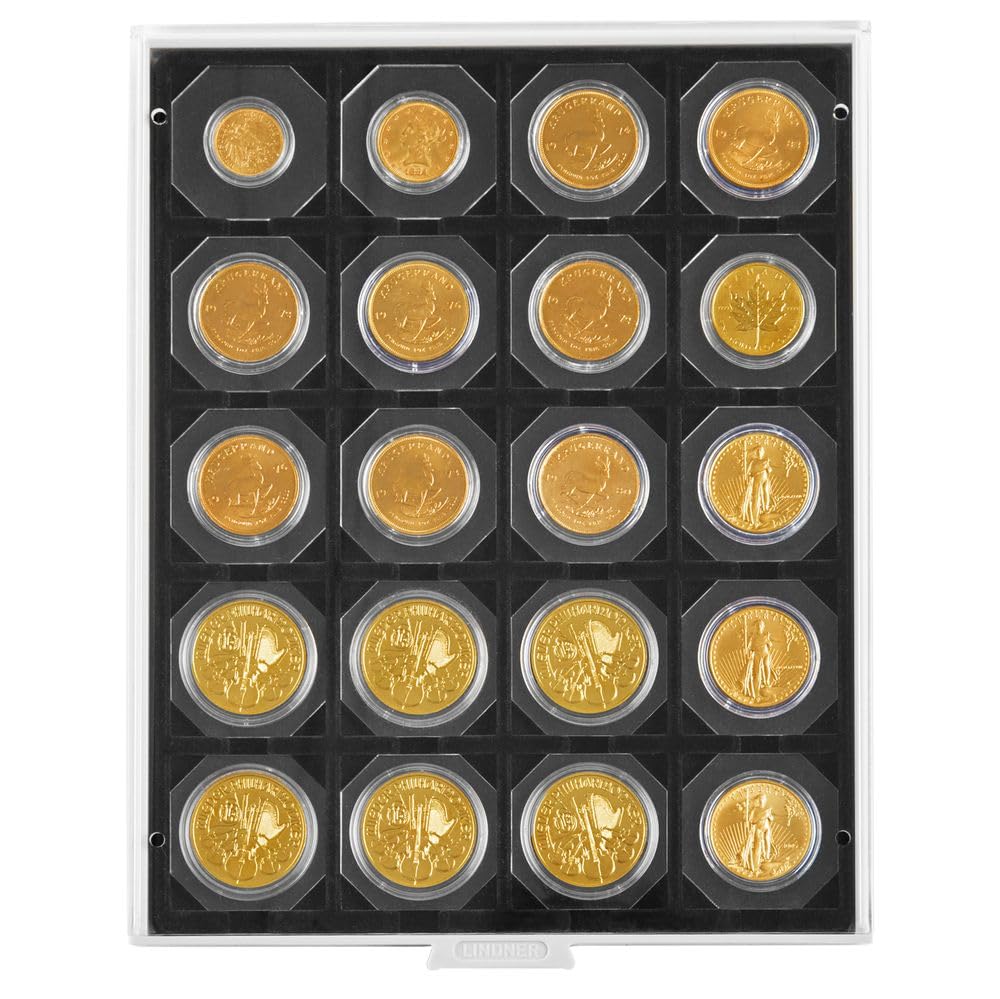 Coin box with 20 compartments, each 50 mm [Lindner 2122C] Carbo (Grey Drawer / Black Insert)