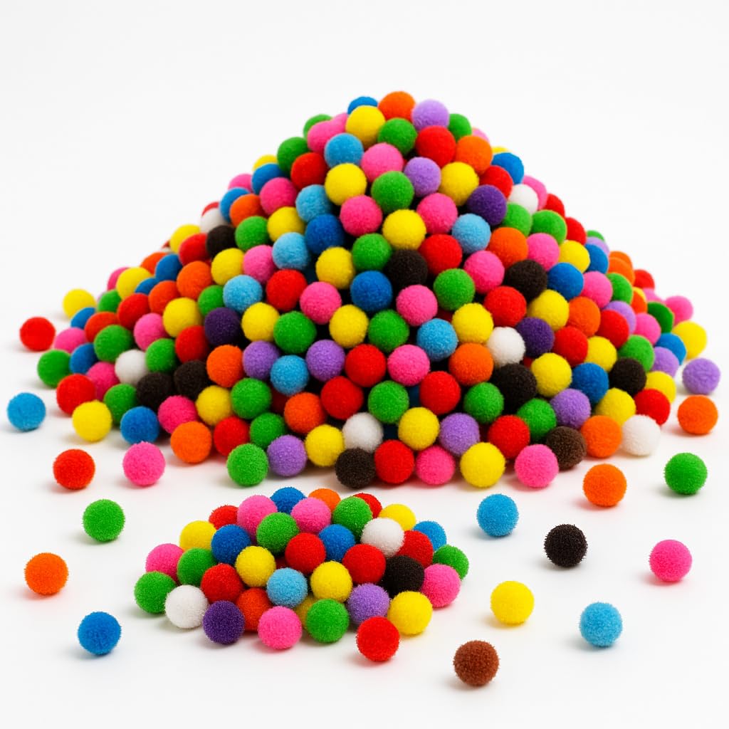 Mini Pom Poms for Crafting – 500 Small 8mm Coloured Craft Pompoms Tiny Balls for Kids Art DIY and Decorations