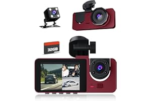 LENSUGE 3 Channel Dash Cam, Dash Cam Front and Rear Inside, Dash Camera for Cars, Triple Car Camera with 32GB Card -(Dark red)