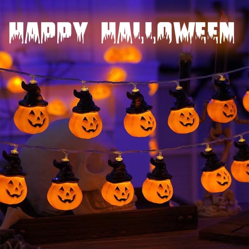 Halloween Lichterkette, 3 Meter 20 LED Halloween Deko Indoor, Hut Kürbis Lichterkette Deko für Innen und Außen, Party, Garten, Festen(Warmweiß)