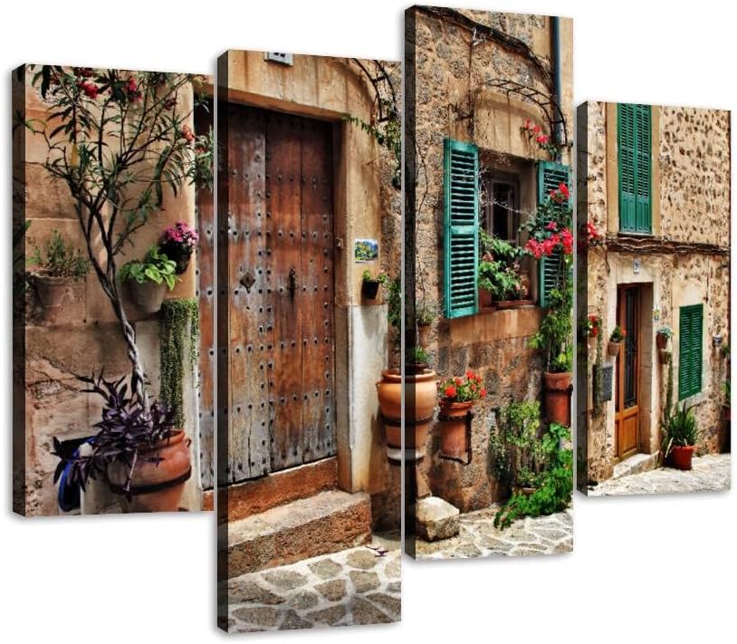 Paintings - Tuscany Wall Art Streets of Old Mediterranean Towns Flower Door Windows Canvas Wall Art Hanging Paintings Dining Room Decor Modern Artwork Wall Decor for Home Decoration Unique Gift Framed 4 panel