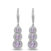Sterling Silver Genuine or Synthetic Gemstone Journey Halo 3-Stone Dangle Leverback Earrings for Women