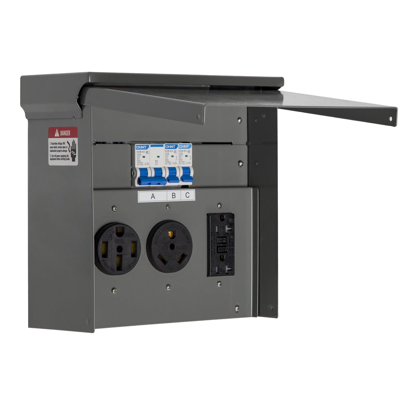 Photo 1 of Taelakeni Temporary Power Outlet Panel RV Pedeatal Electrical Breaker Box with 20, 30, and 50 Amp Receptacle Installed, Waterproof Electrical Panel Box for RV Camper