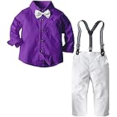 SANGTREE Boys Gentleman Clothes Set, Short Sleeve Shirt with Bowtie + Suspender Pants Outfit, 3 Months - 6 Years