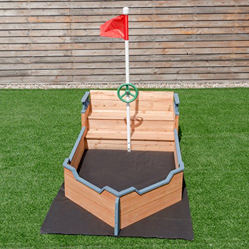 Costzon Pirate Boat Wood Sandbox for Kids with Bench Seat and Flag, Pirate Sandboat