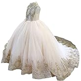 Gold Lace Flower Girls Pageant Dresses Long Puffy Prom Tulle Ball Gown