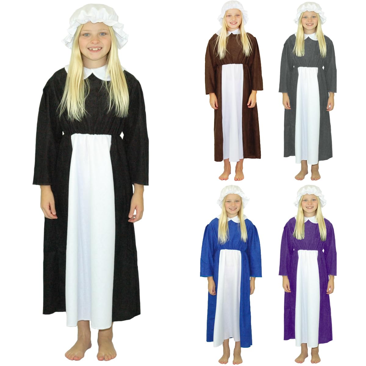 Victorian Edwardian Urchin Girl costume for kids, two-piece Dress & Hat set. Fits children 9-11 years old. Grey