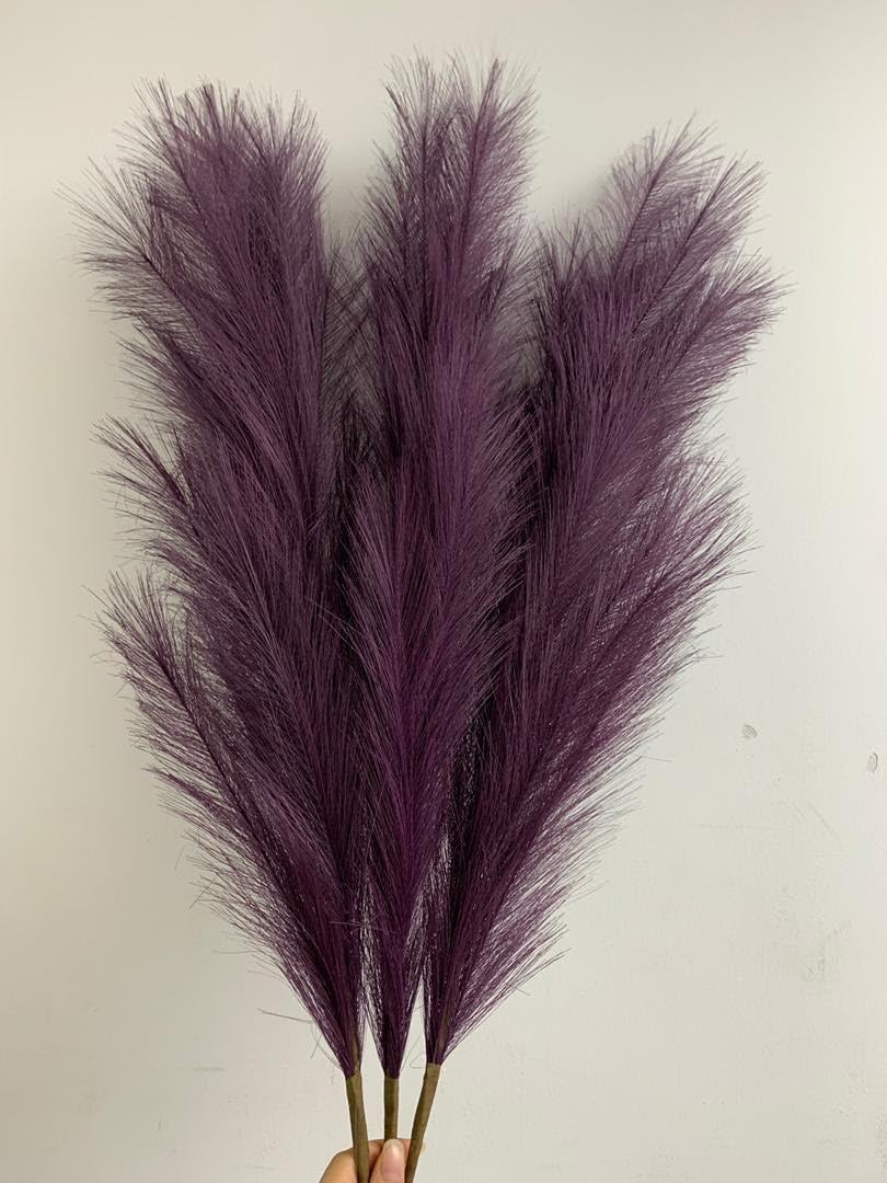 VOULUX Extra Large Tall Dark Purple Fake Faux Artificial Pampas Grass Large Fluffy x3 115cm Stems x18 Decorative Artificial Flora Feathers For Floor Vases Tall Plant Flowers Long Pampas Grass