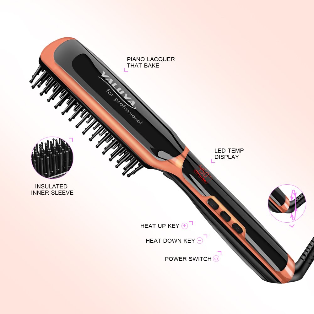 Hair Straightener Brush,YALUYA Ceramic Irons Straightener Brush Detangling and Silky Frizz-free Electric Comb,Amber Gold / Black