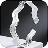 Irideket Wave Hammered Cuff 925 Sterling Silver Bracelet for Women,Open Silver Bangle with Engraved Details and Polished Shine, Elegant Vintage Jewelry