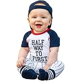 Baby Boy 1/2 Birthday Outfit “Half Way to First” Baseball Theme –Bodysuit, Pinstripe Pants, Hat & Socks – Half Birthday Outfit for Boys 6 months