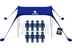 SUN NINJA Beach Tent Sun Shelter UPF50+ - Easy Pop Up Beach Canopy - Outdoor Shade for Camping Trips, Fishing, Backyard Fun Picnics - Sand Shovel, Ground Pegs & Stability Poles