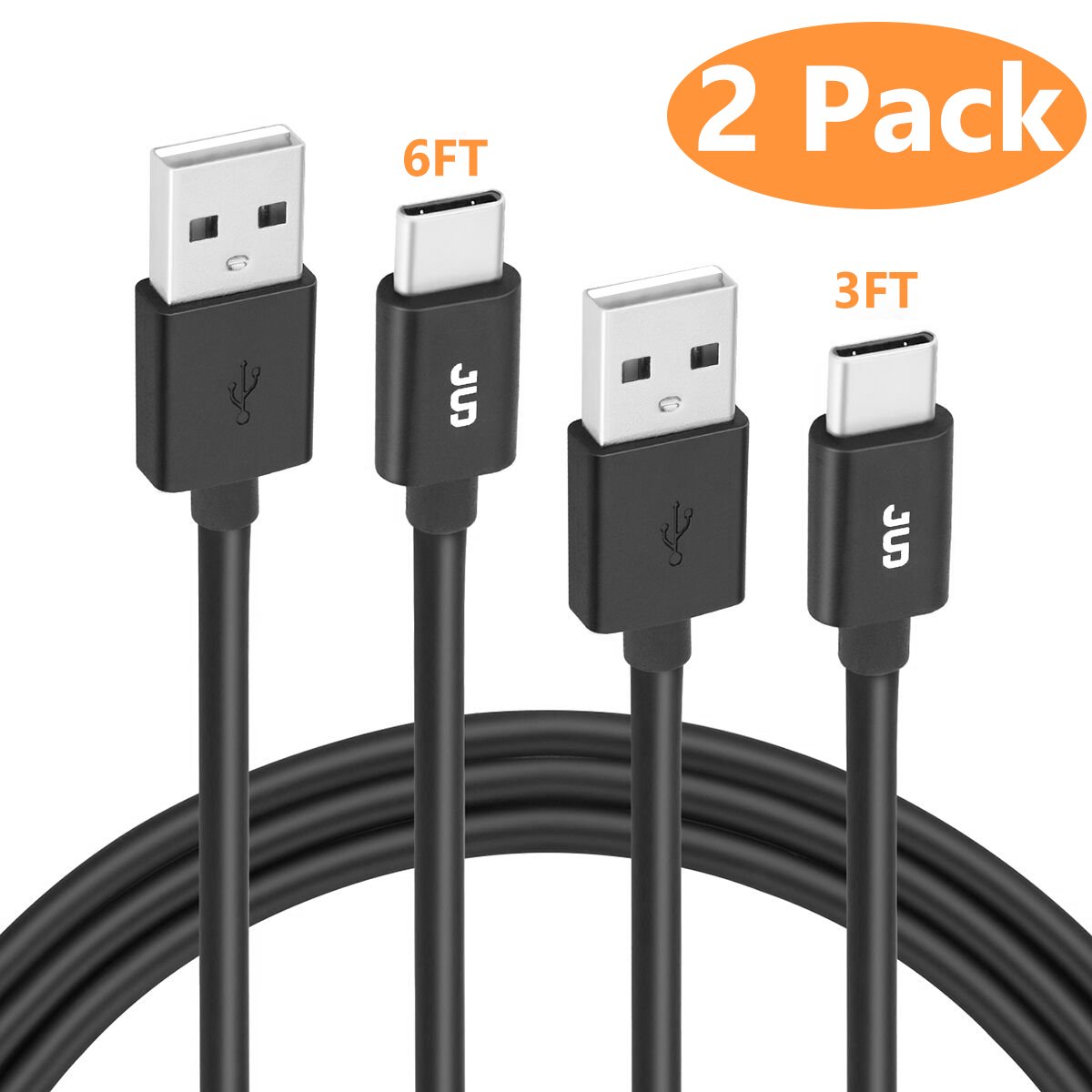 USB Type C Cable, JUD USB C to USB 2.0 Charger Cable(2 Pack, 3ft/6ft) TPE Fast Charging Cord Samsung Galaxy Note 8, S8, S8+, LG V20 V30 G5 G6, Nexus 6P 5X More (BLK)
