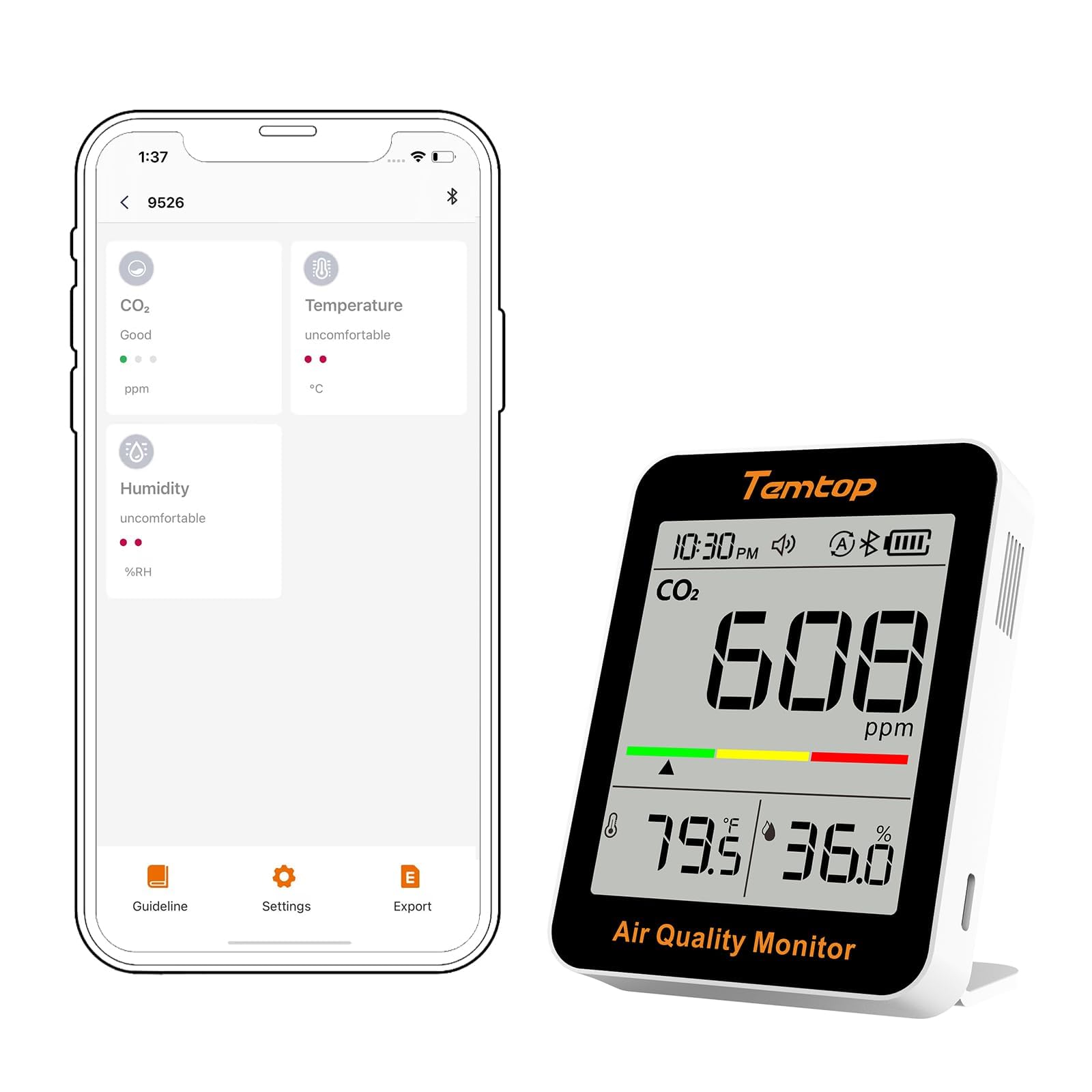 Temtop C1+ CO2 Messgerät Mit APP,Bluetooth Thermometer Hygrometer Mit CO2 Messung,Temperatur- Und Feuchtigkeitssensor Smarte Monitor Für Innenräume Büro Wohnzimmer Schulzimmer