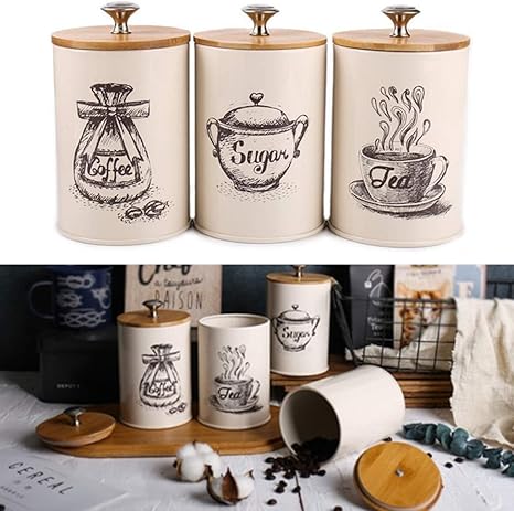 Amazon Sevenmore レトロ 紅茶 コーヒー 砂糖 キャニスター ジャー ポット 缶 キッチン 収納容器 3個 保存容器 キャニスター オンライン通販