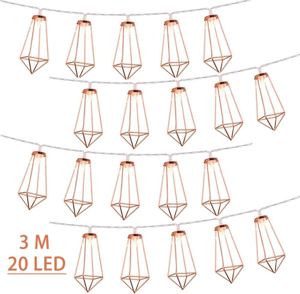 20 LED Rose Gold Geometric Led Fairy String Lights 3M Metal Cage Led Diamond String Lights Paris Lamp for Wedding Party Patio Festival Christmas Home Decoration